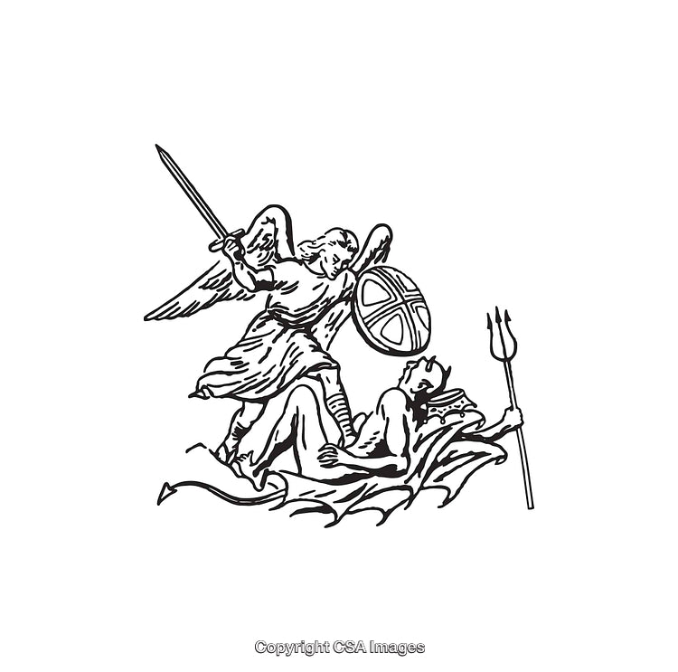 Black and White Line Art Depicting Angel Overcoming Evil