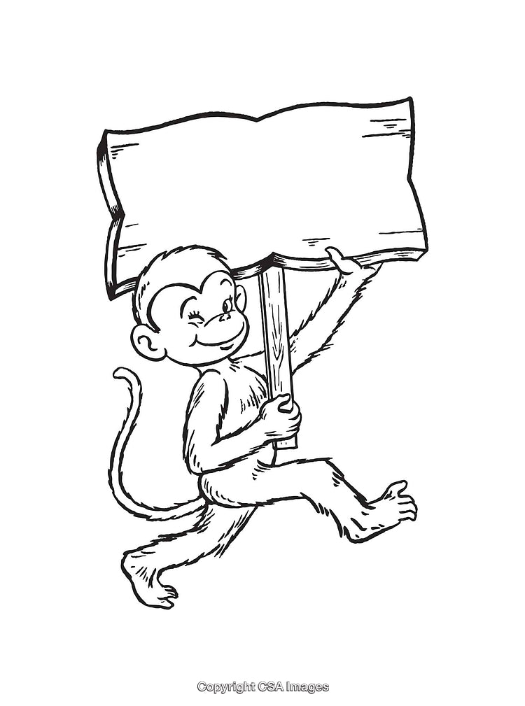 Hand-Drawn Monkey Character Holding Blank Wooden Sign in Line Art Style