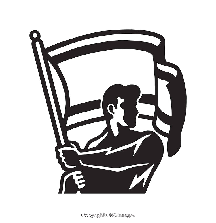 Black and White Illustration of a Person Holding a Waving Flag