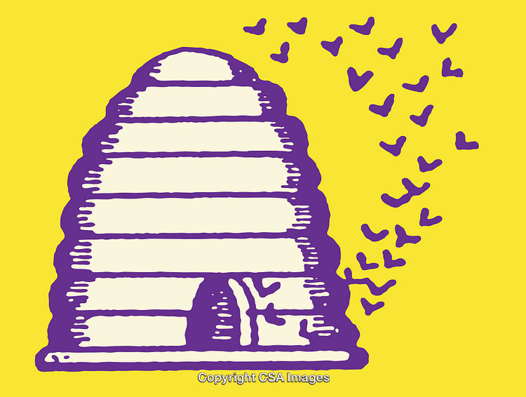 Purple Beehive and Flying Bees on Yellow Background