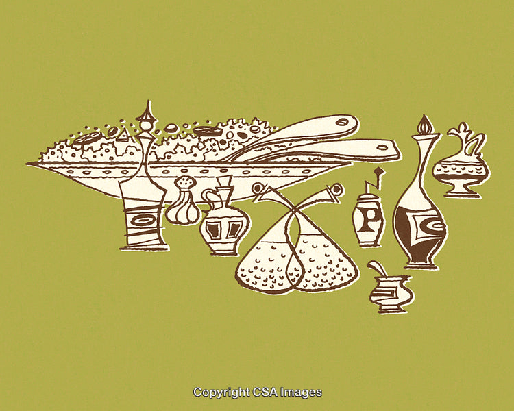 Vintage Abstract Illustration of Dining Table with Utensils and Bottles