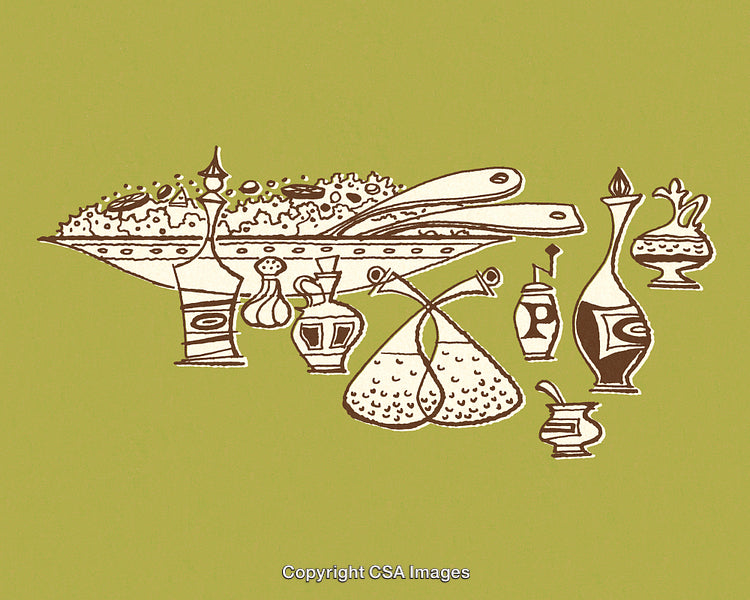 Vintage Abstract Illustration of Dining Table with Utensils and Bottles