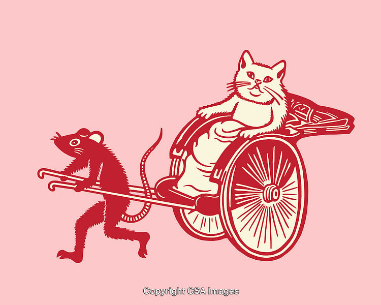 Whimsical Illustration of a Cat and Mouse in a Rickshaw Scene