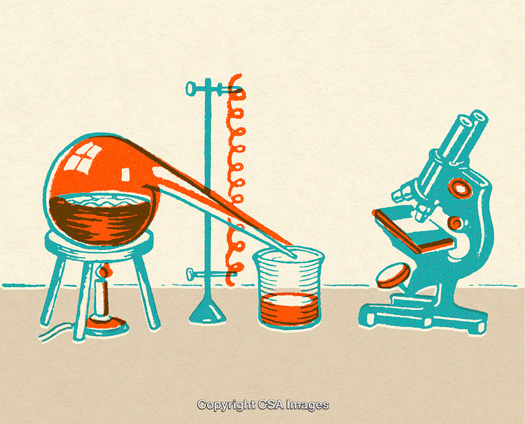 Retro-Style Science Lab Equipment Illustration Featuring Microscope and Distillation Setup