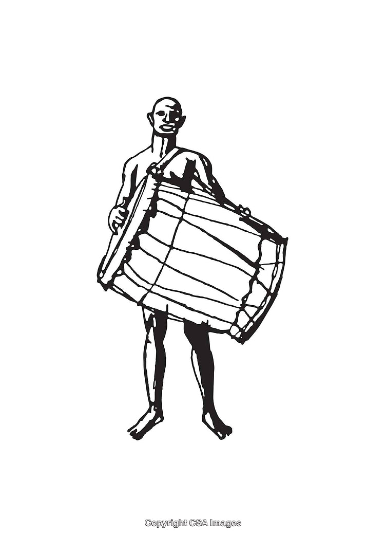 Traditional Drummer Rendering in Expressive Black and White Line Art Style