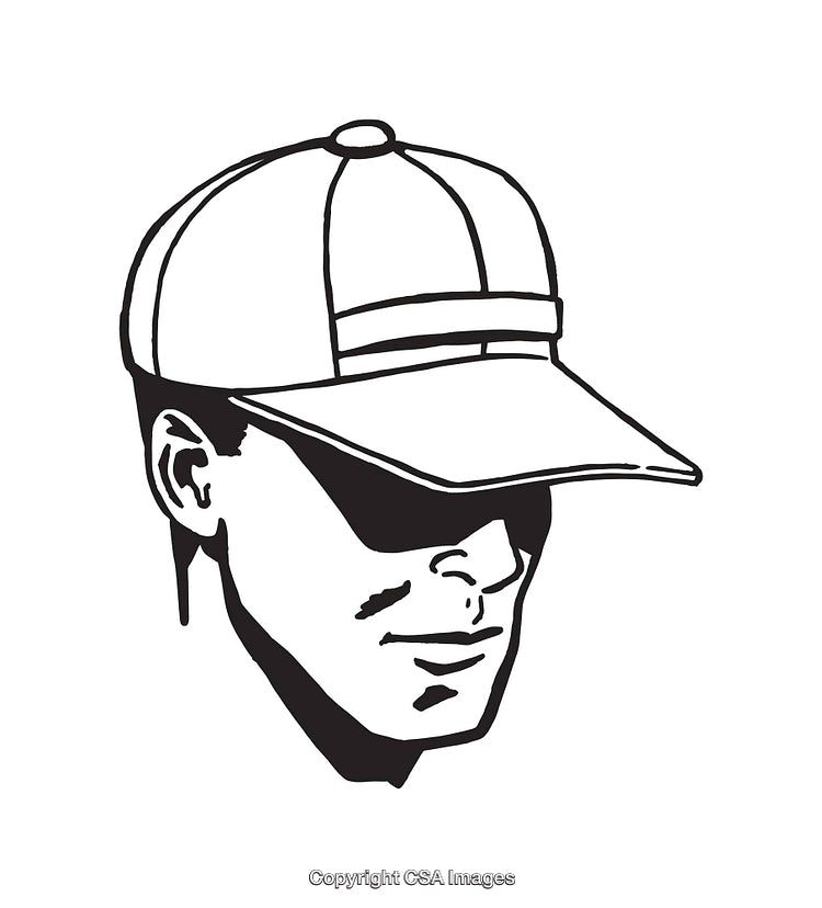 Black and White Line Art of a Man Wearing a Baseball Cap