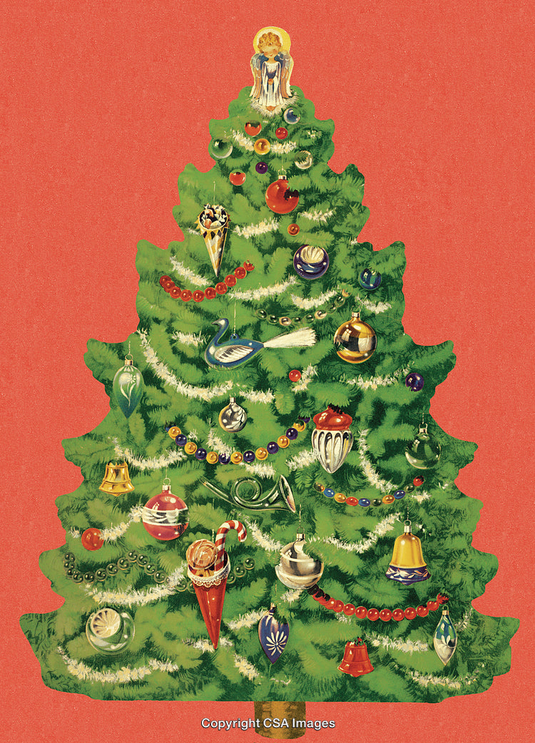 Festive Christmas Tree Decorated With Ornaments On A Red Background