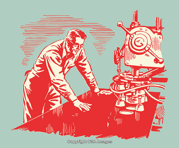 Vintage Illustration of a Worker Operating an Industrial Machine in Line Art