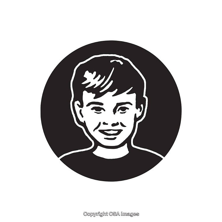 Monochrome Line Art Illustration of a Smiling Boy with Short Hair Inside a Circle