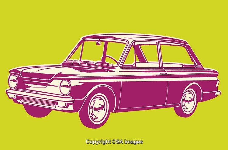 Retro Car in Bright Colorful Pop Art Style with Yellow Background