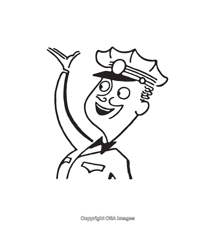 Hand-Drawn Smiling Police Officer Waving in Black and White Line Art