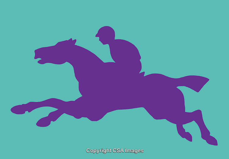 Silhouette of a Horse and Rider Leaping in Purple and Cyan