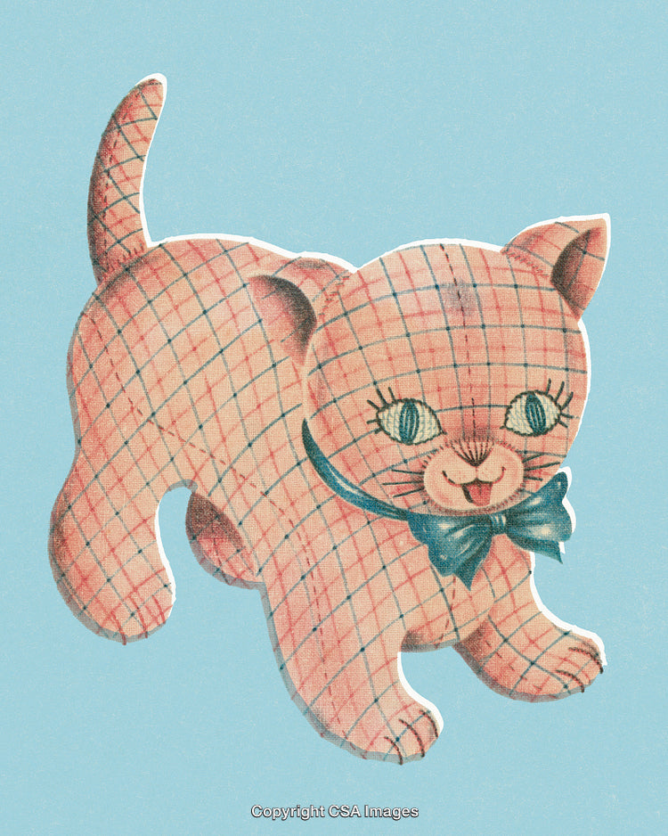 Vintage Illustration of a Playful Checked Cat on a Blue Background