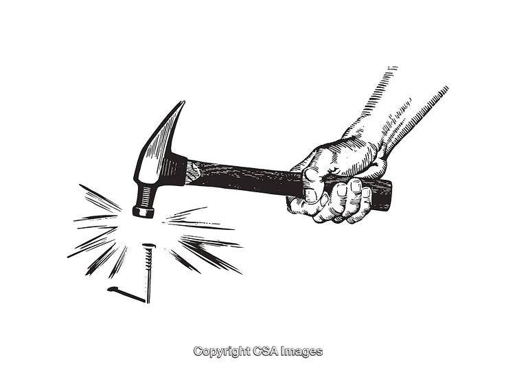 Hand Illustration Holding Hammer Hitting Nail with Line Art Style