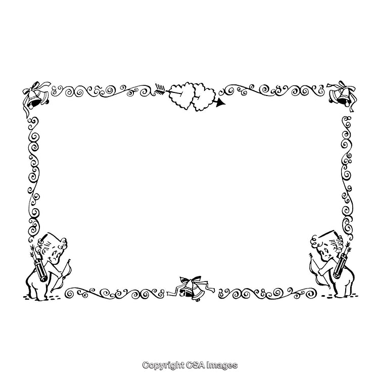 Black and White Border Featuring Cupids and Decorative Swirl Designs