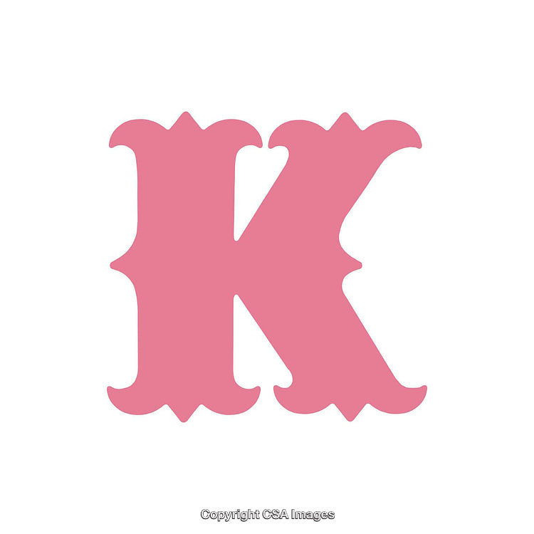 Pink Ornamental Letter K in Gothic Typography on White Background