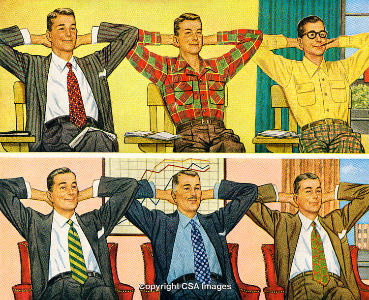 Vintage Illustration of Business and Casual Attire in a Comparative Setting