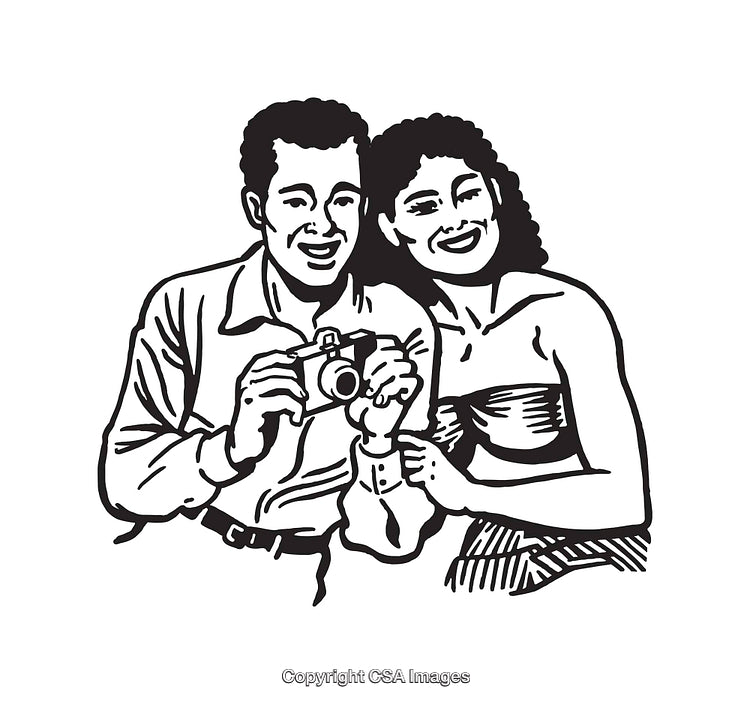 Retro Illustration of a Happy Couple with a Camera in Black and White