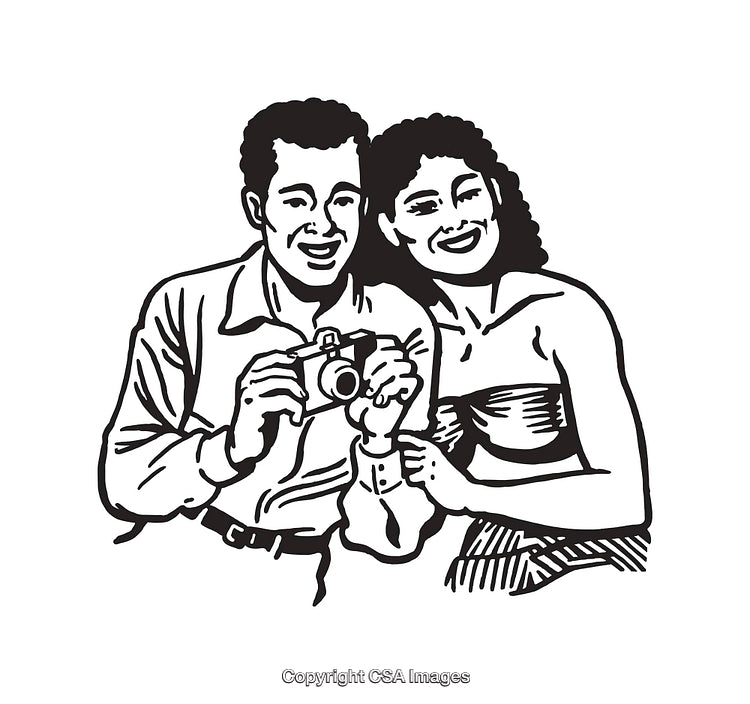 Retro Illustration of a Happy Couple with a Camera in Black and White