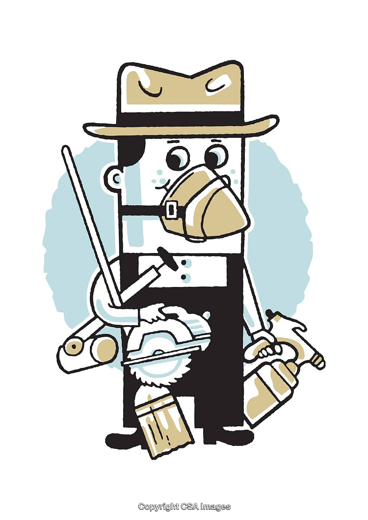 Cartoon Laborer Holding Various Tools Ready for Work