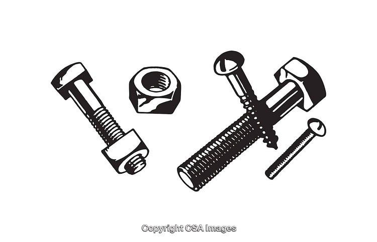 Black and White Line Illustrations of Screw Bolts and Nuts