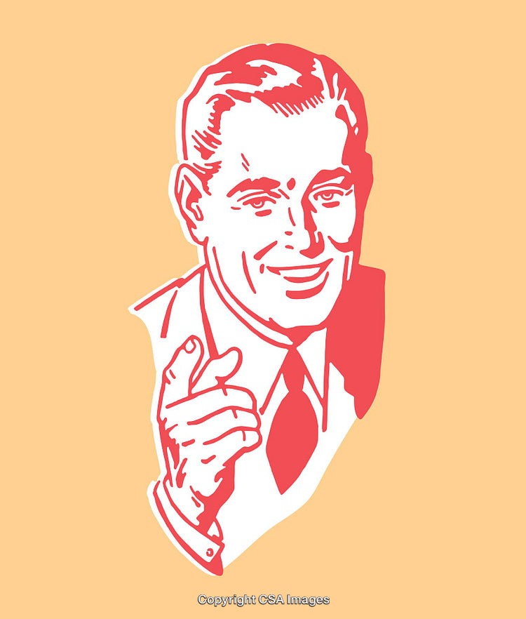 Retro Style Illustrated Man Pointing with Cheerful Expression on a Bright Background