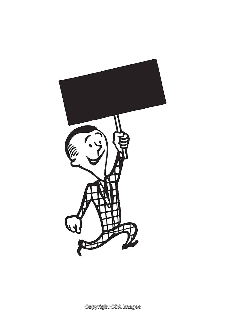 Black and White Line Art of a Man Holding a Blank Sign