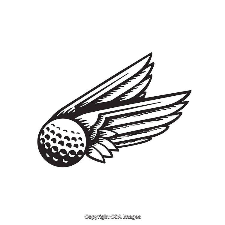 Flying Golf Ball with Stylized Wings in Black and White Line Art
