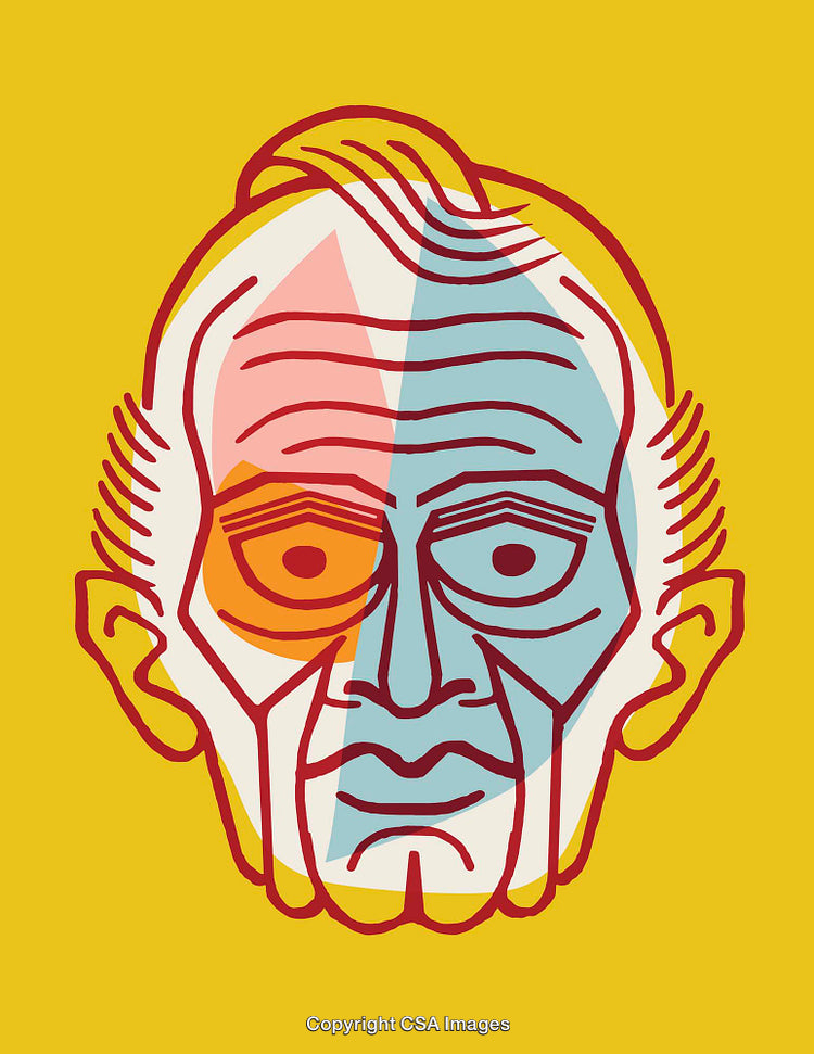 Colorful Geometric Line Art Illustration of a Human Face on Yellow Background