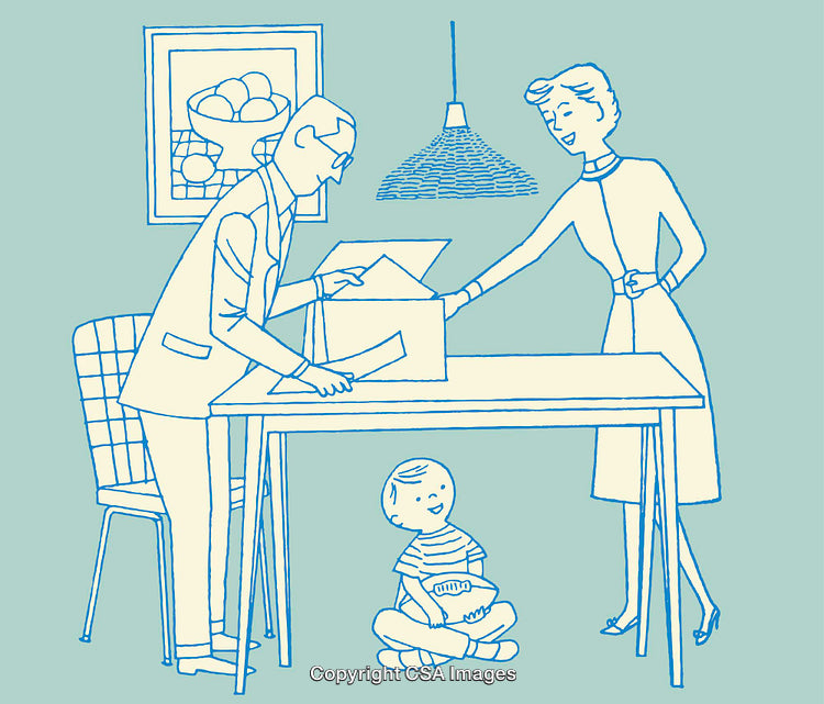 Retro Family Sorting Paperwork in a Cozy Home Setting