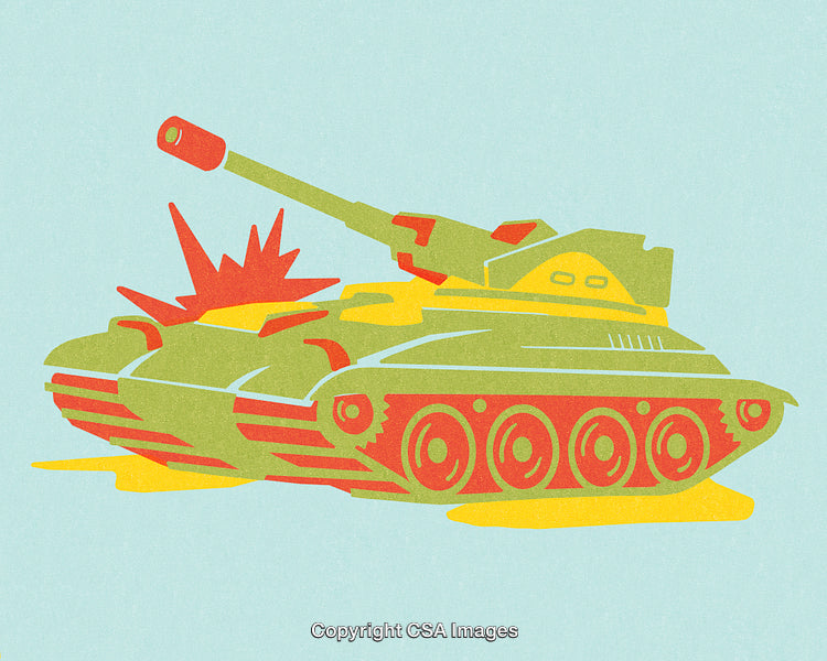 Colorful Illustration of a Tank with Combat Explosion Effects