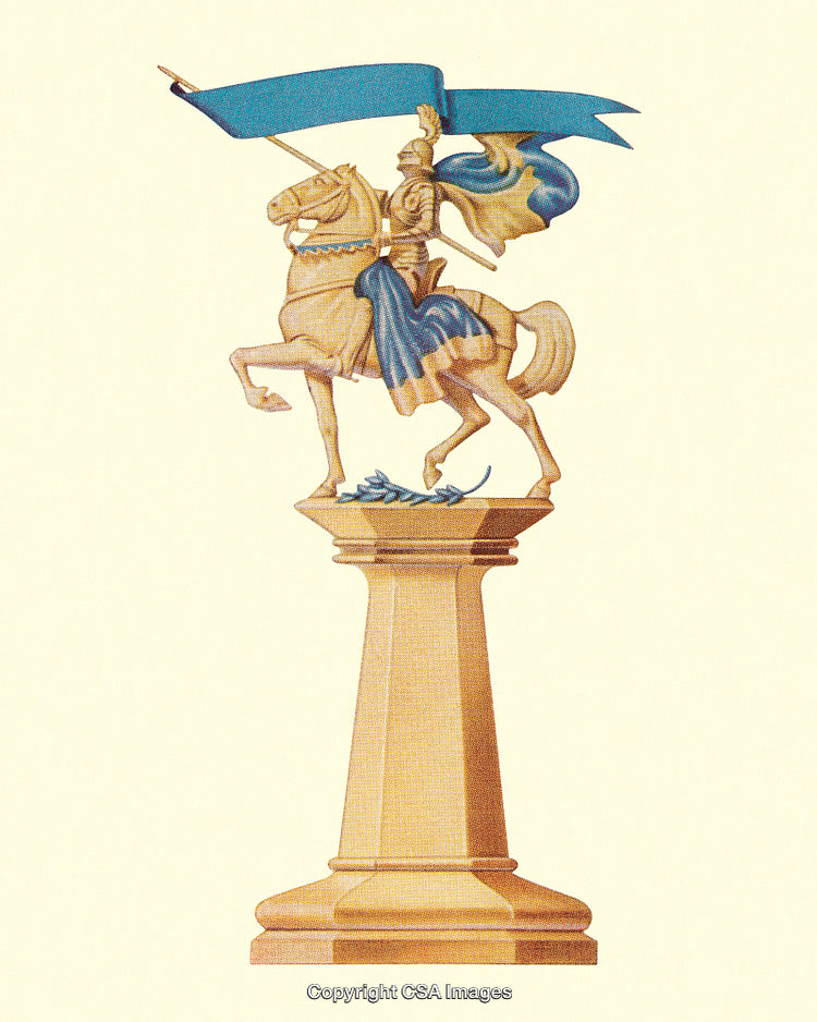Regal Statue Depicting Knight on Horseback Wielding Banner with Heroic Pose