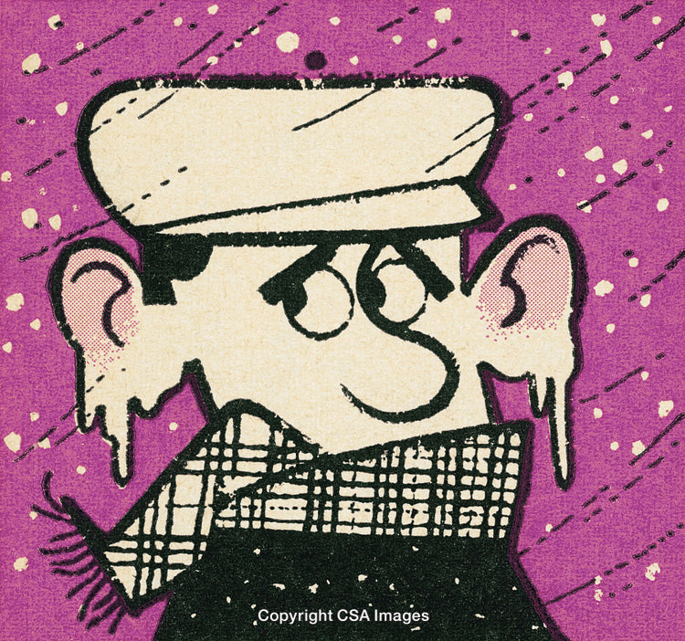 Cartoon Man Bundled in Winter Attire Amid Falling Snow on Purple Background