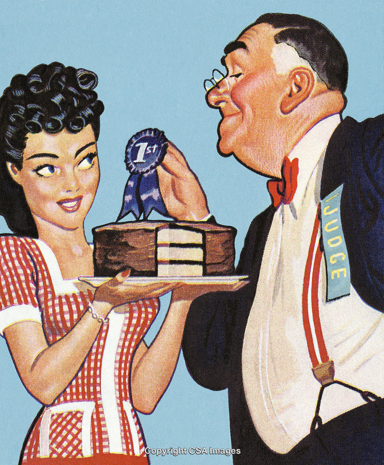 Judge Evaluates Winning Chocolate Cake in Retro Baking Contest Scene