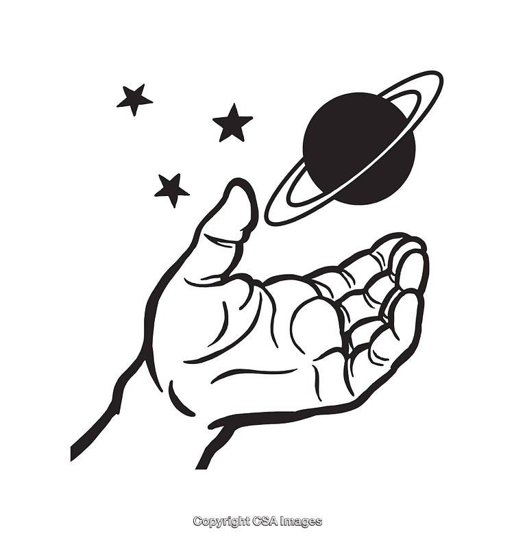 Hand Reaching for Planet Illustration with Stars in Background