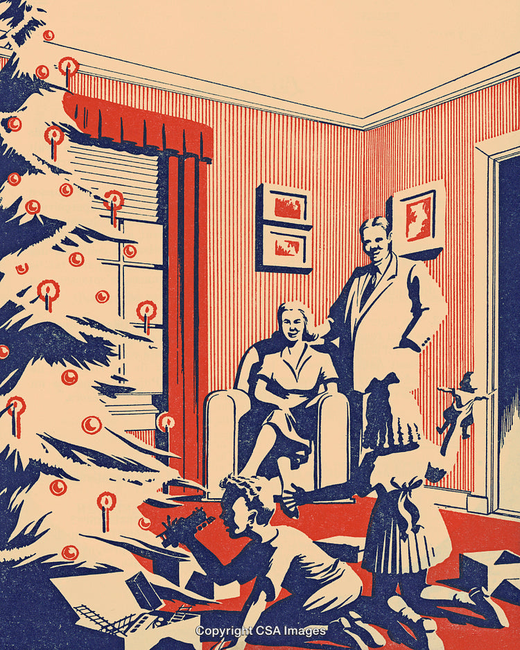 Vintage Christmas Scene of a Joyful Family Around the Decorative Tree