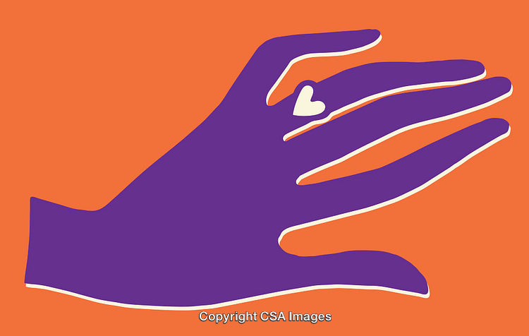 Illustration of Purple Hand with Heart-Shaped Ring in Bold Colors