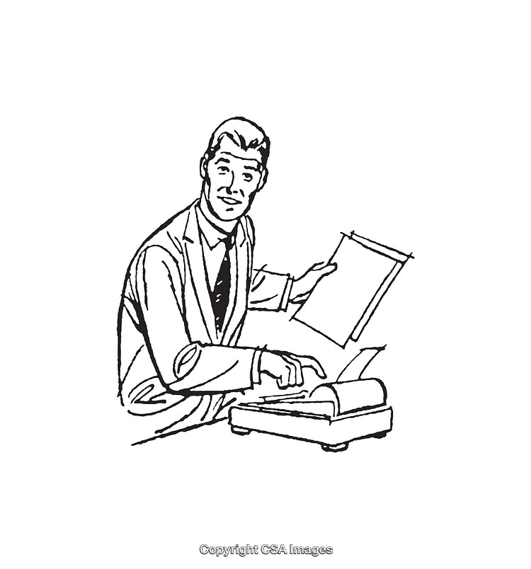 Retro Style Businessman Working at Desk Holding Paper in Line Art Illustration