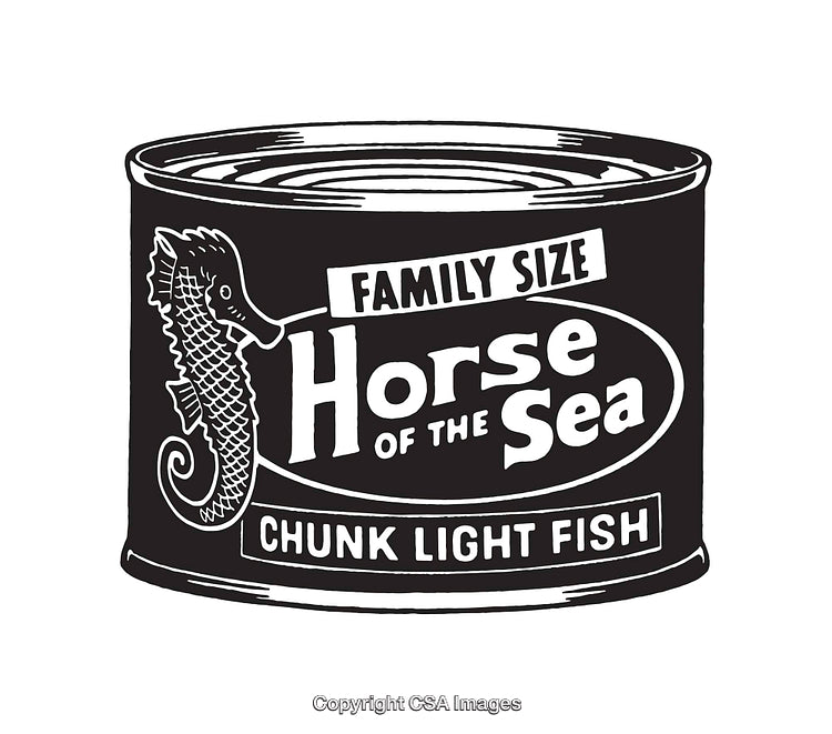 Vintage Line Art Of Seafood Can With Seahorse Design