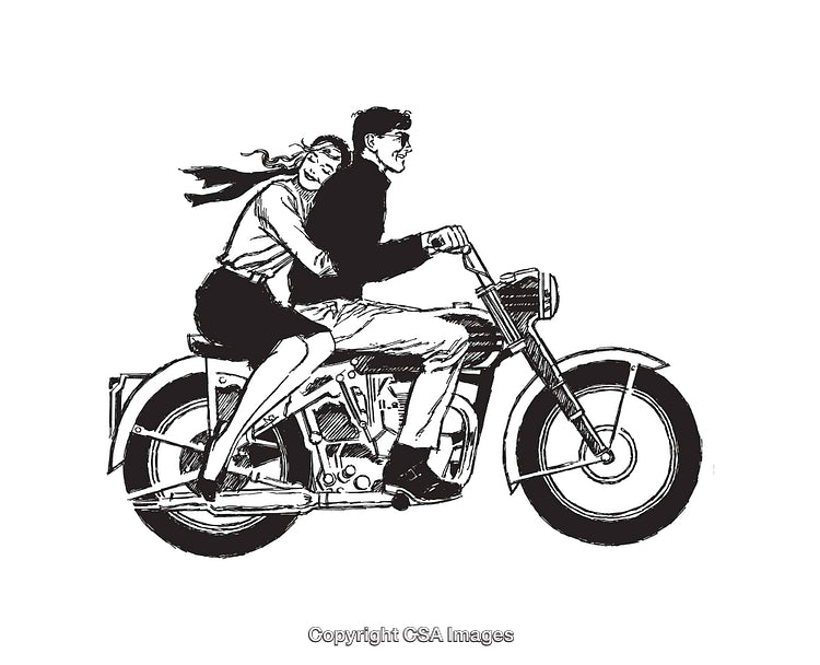 Retro Black and White Line Art of a Couple on a Motorcycle