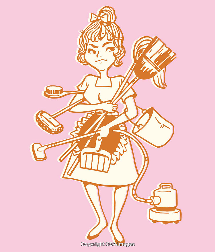 Playful Artwork of Multitasking Woman Doing Cleaning Chores
