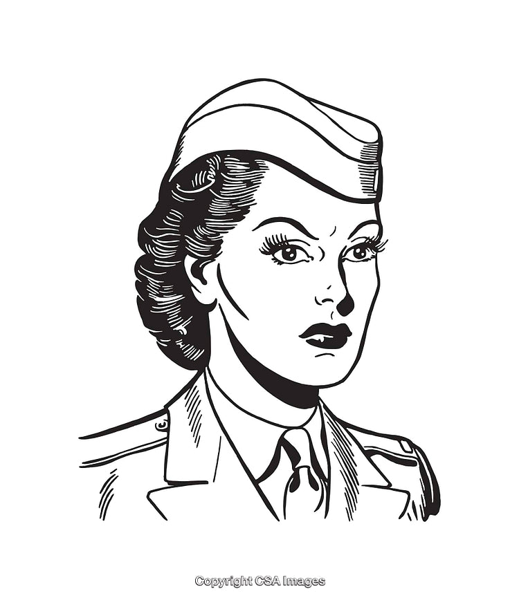 Black and White Illustration of a Female Officer in Uniform