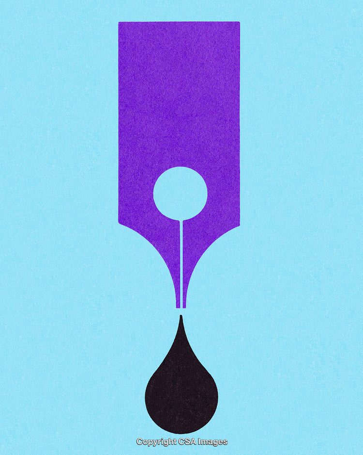 Creative Fountain Pen Nib with Ink Drop on Blue Background