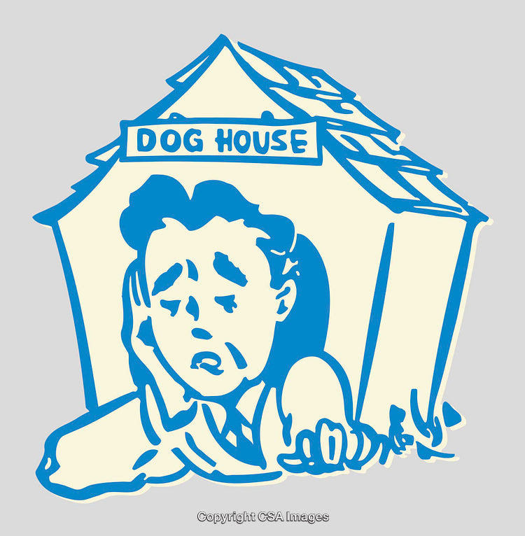 Colorful Illustration of a Man Sad in a Dog House