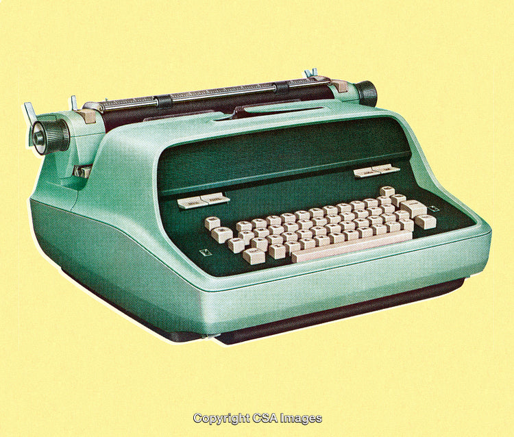 Vintage Green Typewriter on Yellow Background with Retro Dot Screen Look