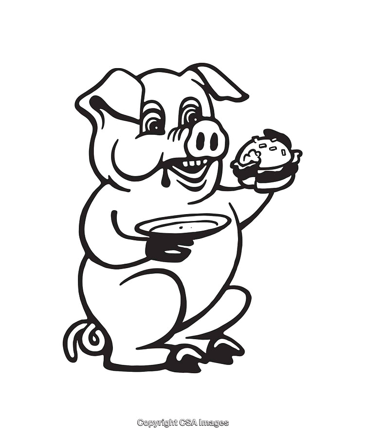 Black And White Line Art Of A Pig Eating A Burger