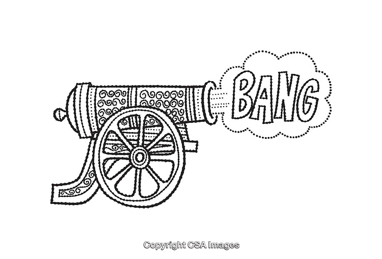 Intricate Black and White Illustration of a Firing Cannon with Text Art