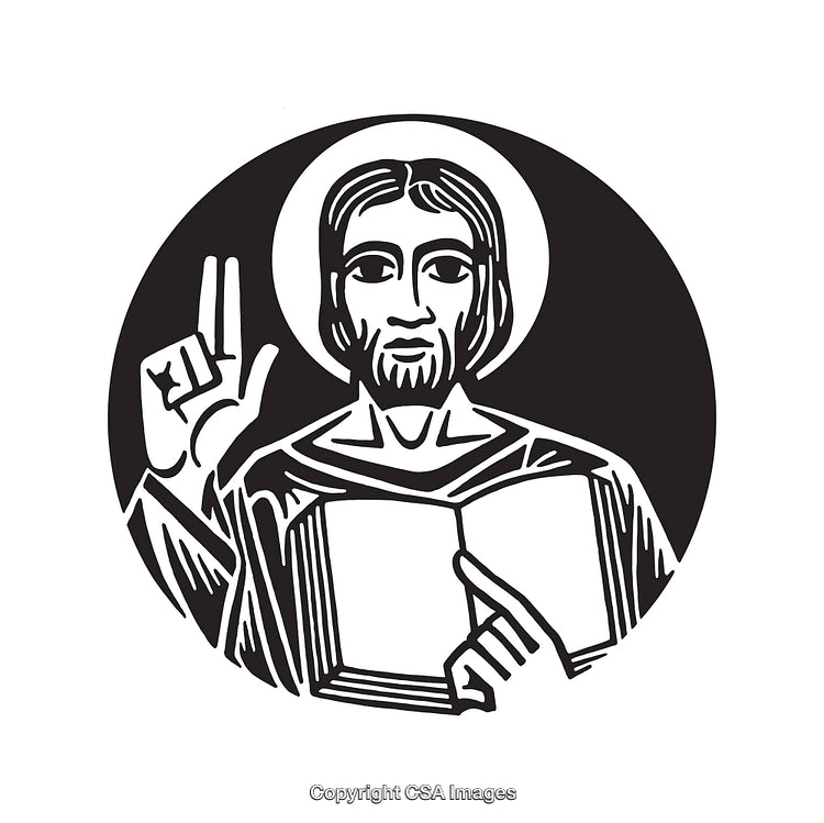 Black and White Line Art Illustration of a Religious Figure with a Book