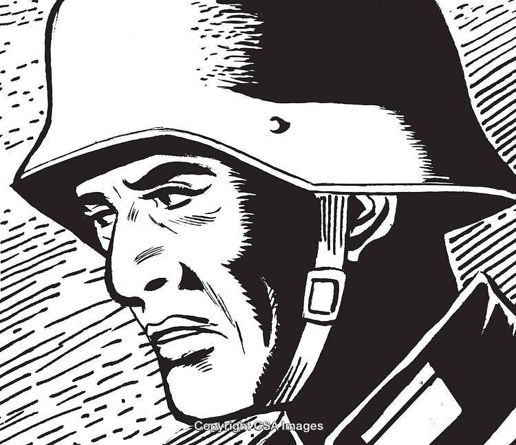 Black and White Illustration of a Historical Soldier in Profile View