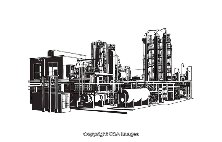Black and White Industrial Facility Illustration in Line Art Style